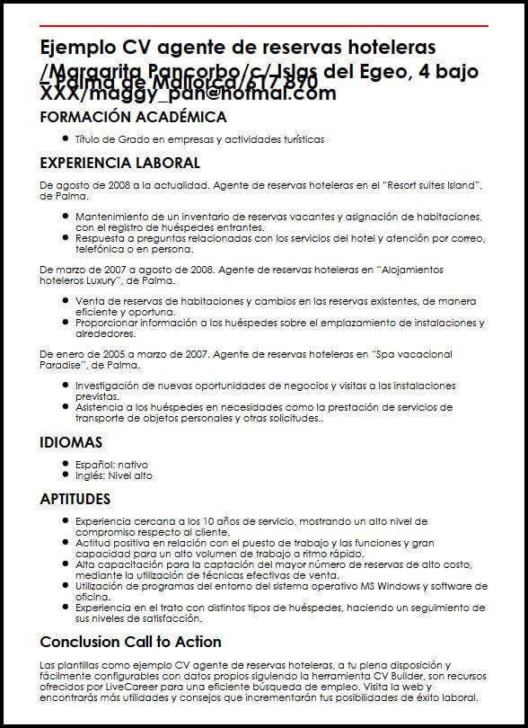 Ejemplo CV Agente De Reservas Hoteleras  MiCVideal