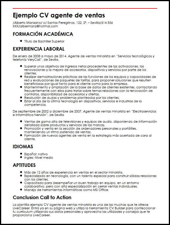 Ejemplo CV Agente De Ventas Minorista MiCVideal Ejemplo CV Agente De Ventas Minorista MiCVideal