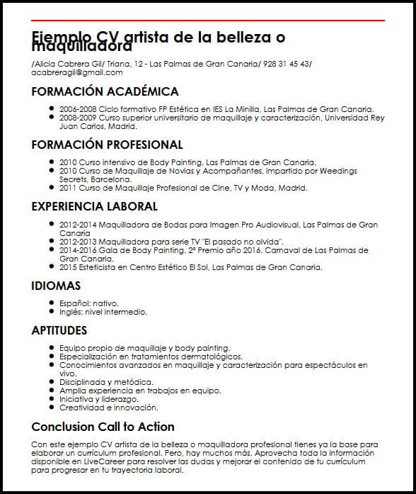 ejemplo cv artista de la belleza o maquilladora profesional micvideal formato cv profesional
