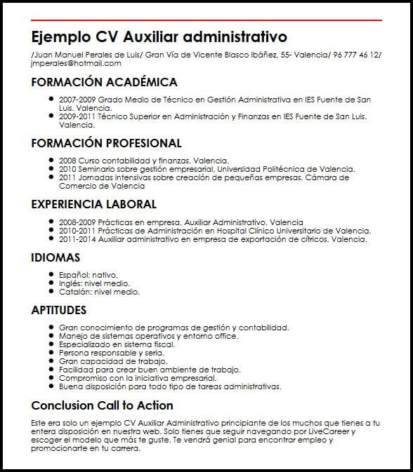 Ejemplo CV Auxiliar Administrativo Principiante MiCVideal