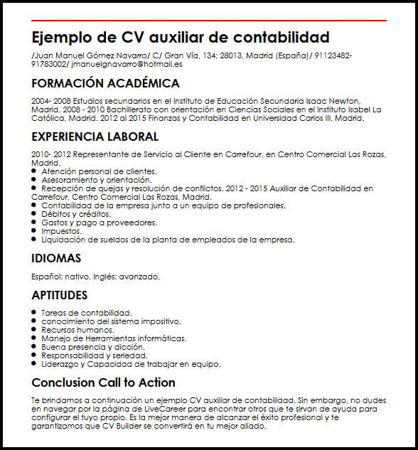 Ejemplo De CV Auxiliar De Contabilidad  MiCVideal