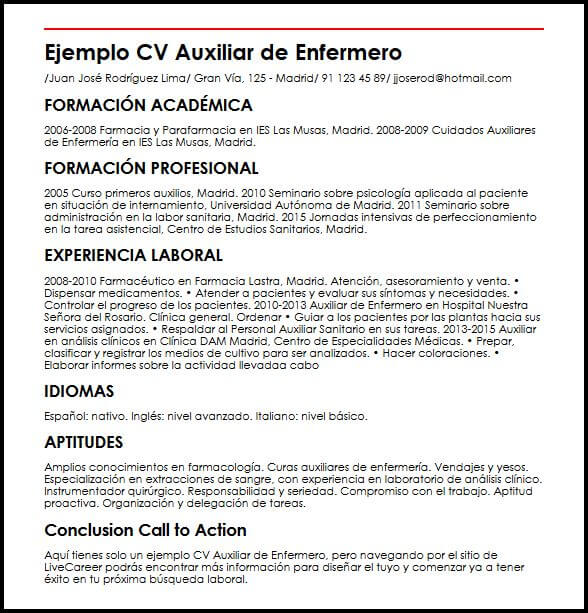Ejemplo de CV para auxiliar de enfermero MiCVideal