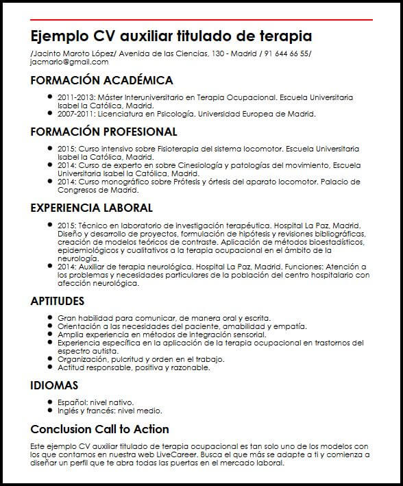 ejemplo cv auxiliar titulado de terapia ocupacional micvideal