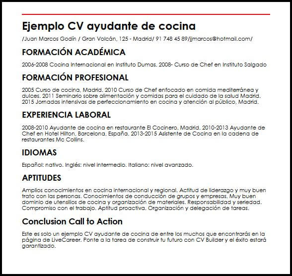 Ejemplo CV Ayudante De Cocina MiCVideal