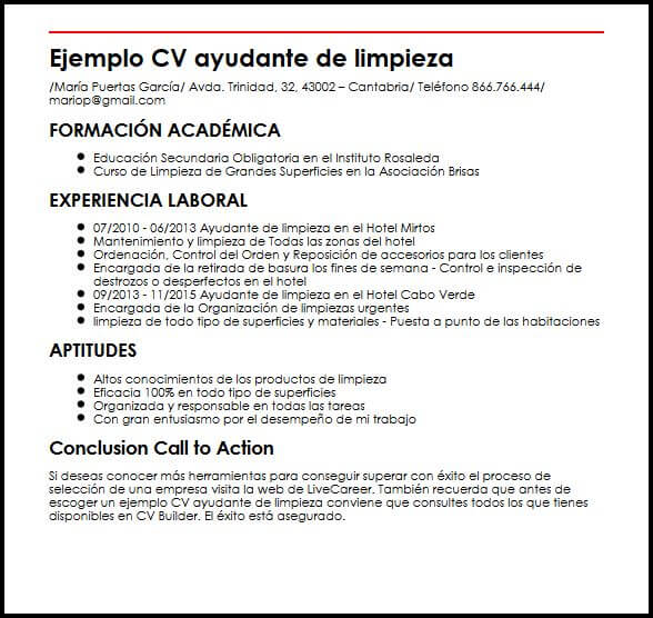 Ejemplo CV Ayudante De Limpieza MiCVideal