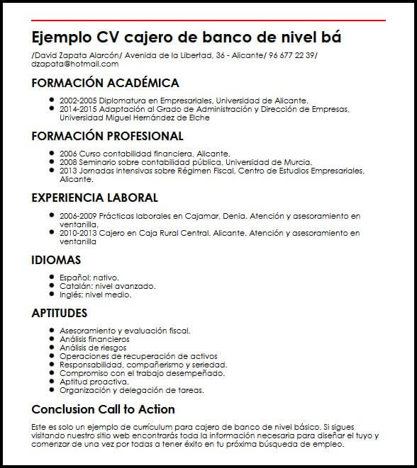 Ejemplo Cv Cajero De Banco De Nivel Basico Micvideal