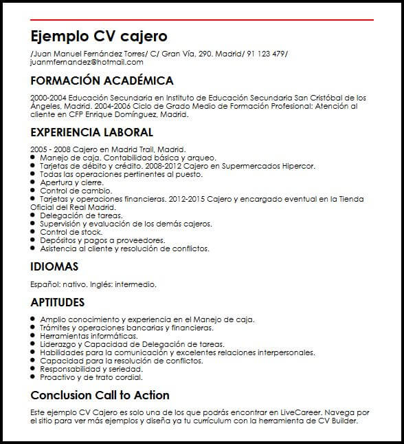 Ejemplo CV Cajero  MiCVideal