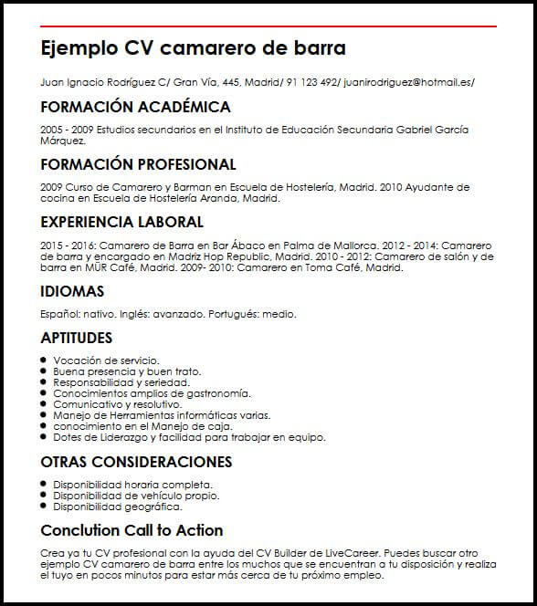 Modelo CV Camarero de Barra - MiCVideal.es Modelo CV Camarero de Barra - MiCVideal.es