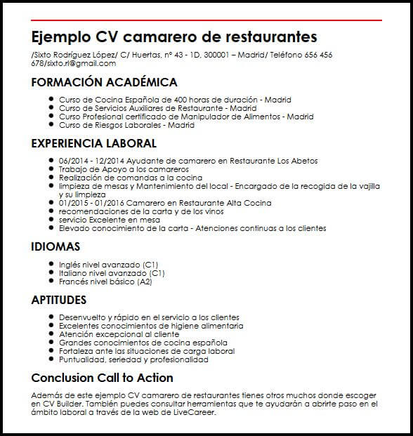 Ejemplo CV Camarero De Restaurantes MiCVideal