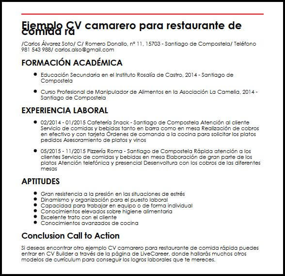 Ejemplo CV Camarero Para Restaurante De Comida Rapida 