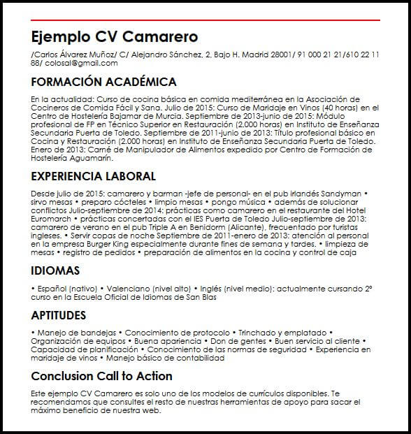 Ejemplo CV Camarero  MiCVideal