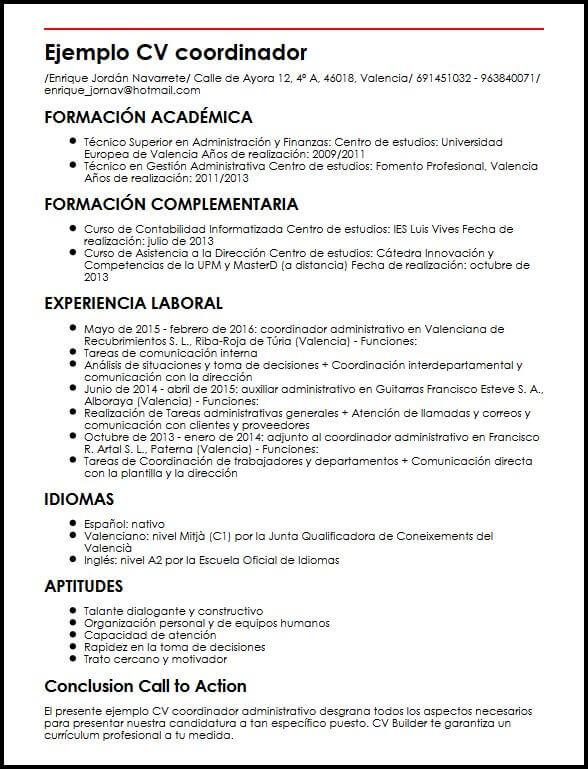 Ejemplo CV Coordinador Administrativo  MiCVideal