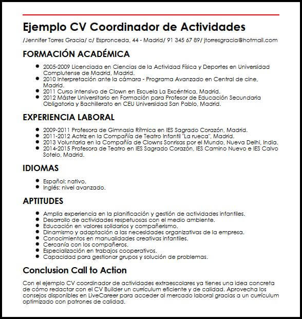 Ejemplo CV Coordinador De Actividades Extraescolares 