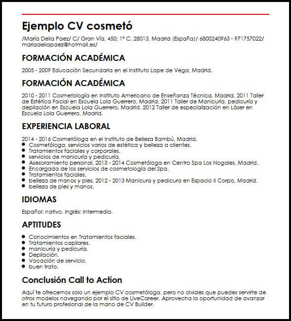 Modelo CV Cosmetologa  MiCVideal.es