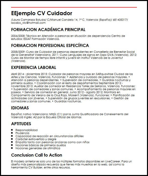 Ejemplo CV Cuidador  MiCVideal