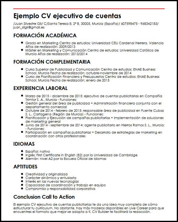 Ejemplo CV Ejecutivo De Cuentas Publicitarias  MiCVideal