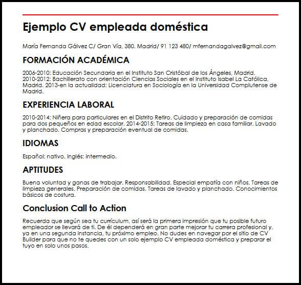 Ejemplo de CV para empleada doméstica MiCVideal