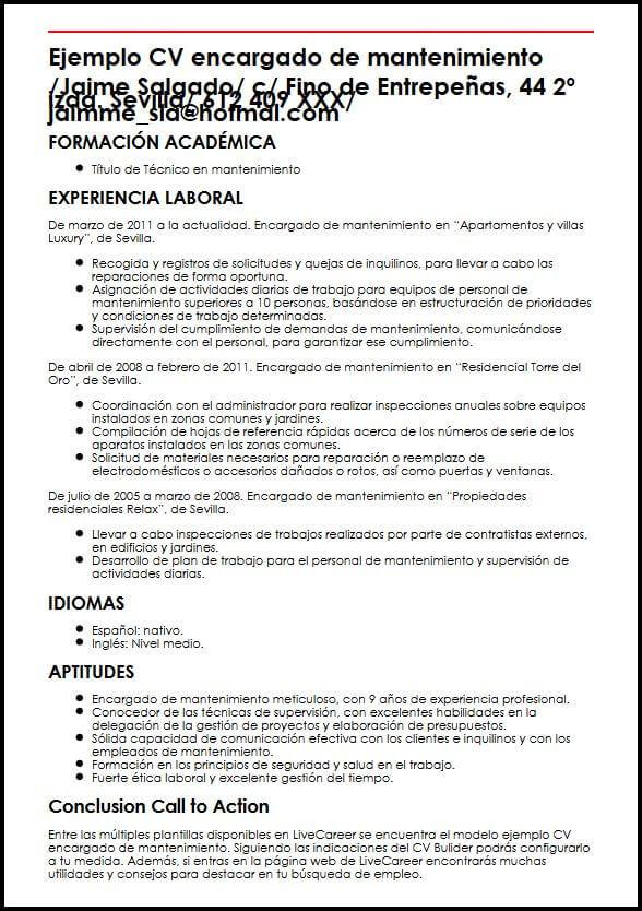 Ejemplo CV Encargado De Mantenimiento  MiCVideal