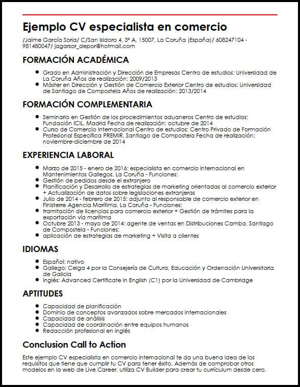 Ejemplo CV Especialista En Comercio Internacional  MiCVideal