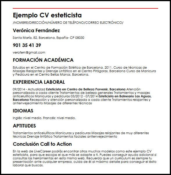 Ejemplo CV Esteticista MiCVideal