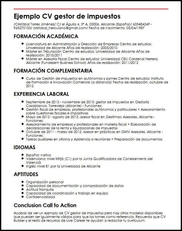 Ejemplo CV Gestor De Impuestos  MiCVideal