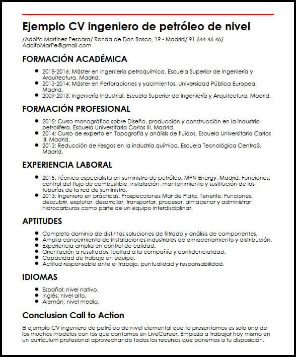 Ejemplo CV Ingeniero De Petroleo De Nivel Elemental MiCVideal