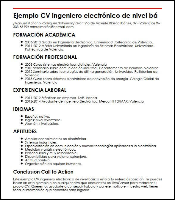 Ejemplo CV Ingeniero Electronico De Nivel Basico MiCVideal