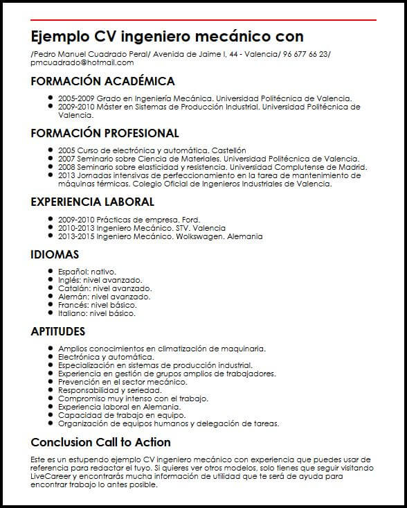 Modelo Cv Ingeniero Mecanico Con Experiencia Micvideales