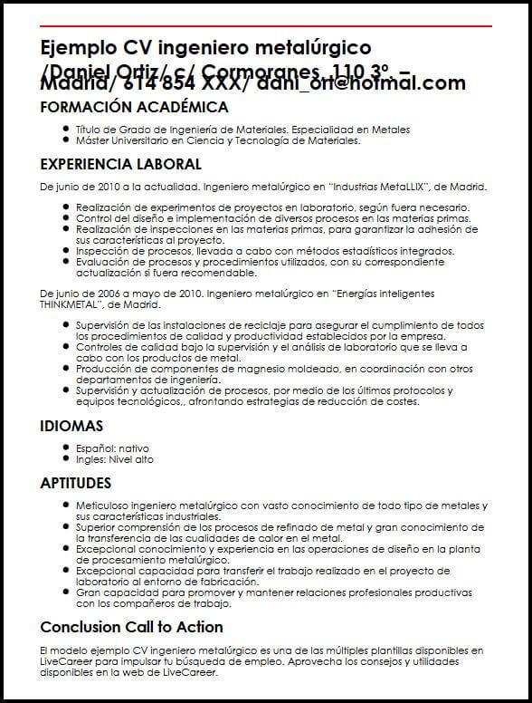 Ejemplo CV Ingeniero Metalurgico  MiCVideal