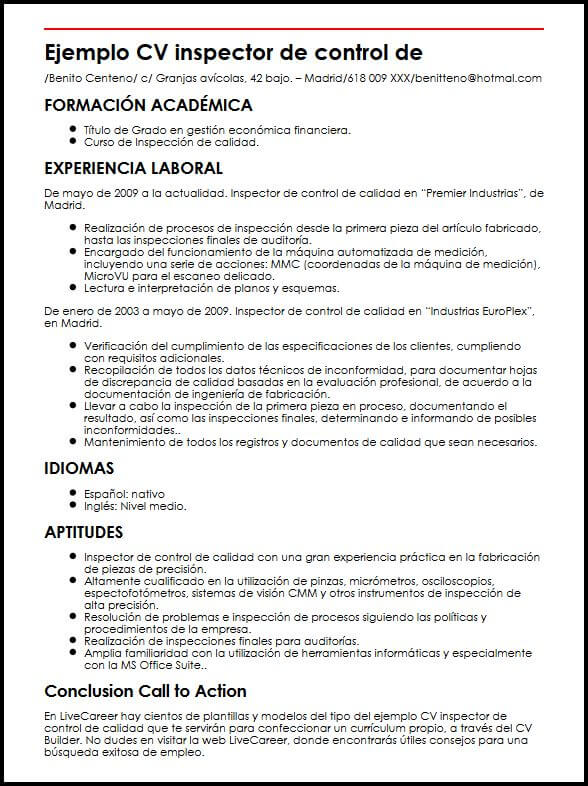 Ejemplo CV Inspector De Control De Calidad MiCVideal