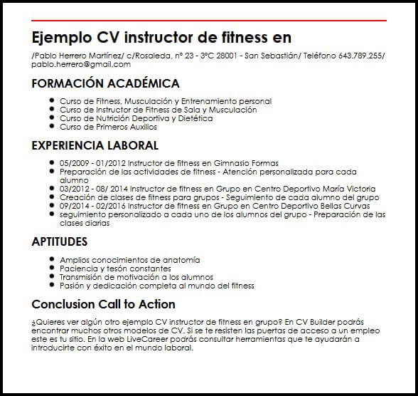 ejemplo cv instructor de fitness en grupo micvideal modelos de cv
