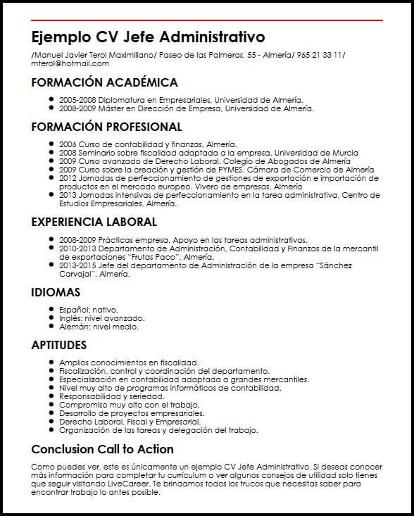 Ejemplo CV Jefe Administrativo MiCVideal