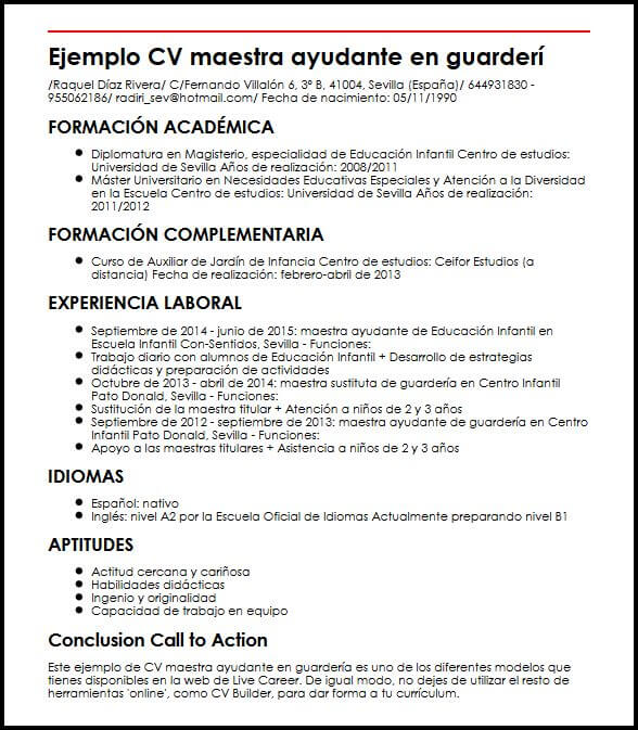 Ejemplo CV Maestra Ayudante En Guarderia  MiCVideal