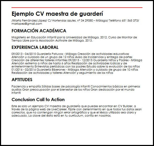 Ejemplo CV Maestra De Guarderia MiCVideal