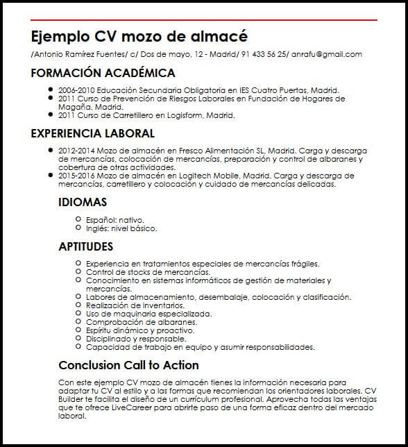 Ejemplo CV Mozo De Almacen MiCVideal