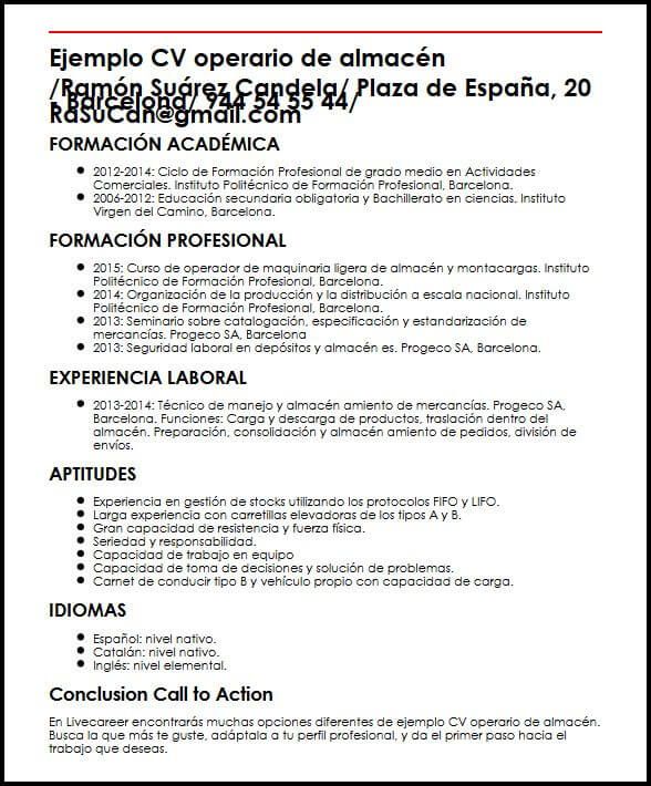 Ejemplo CV Operario De Almacen  MiCVideal