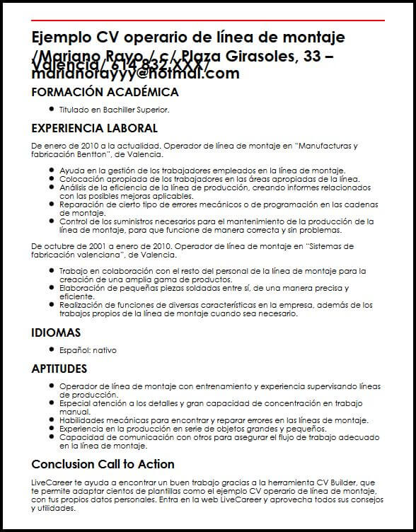 Ejemplo CV Operario De Linea De Montaje  MiCVideal