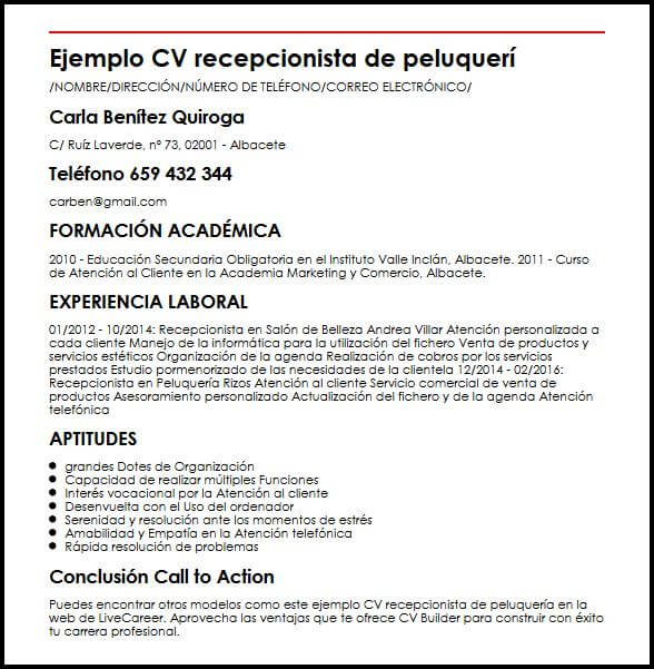 Ejemplo CV Recepcionista De Peluqueria MiCVideal