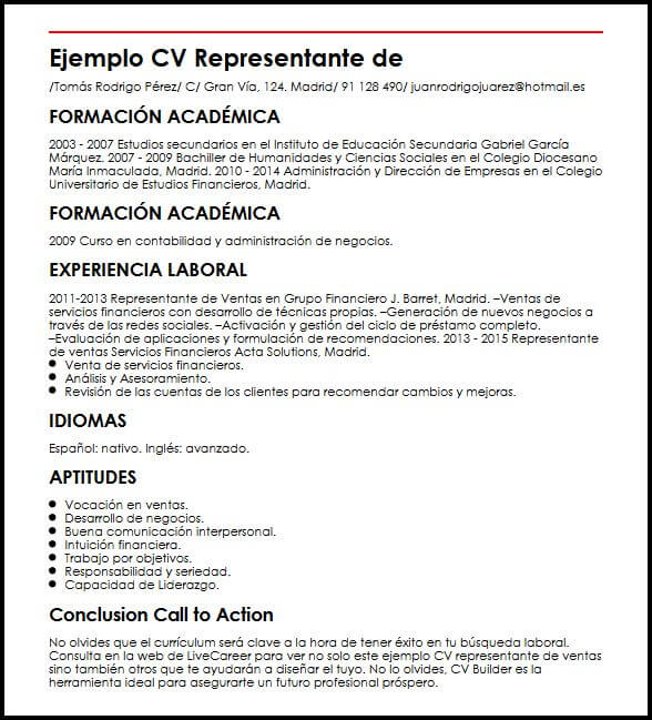 Ejemplo CV Representante De Ventas MiCVideal