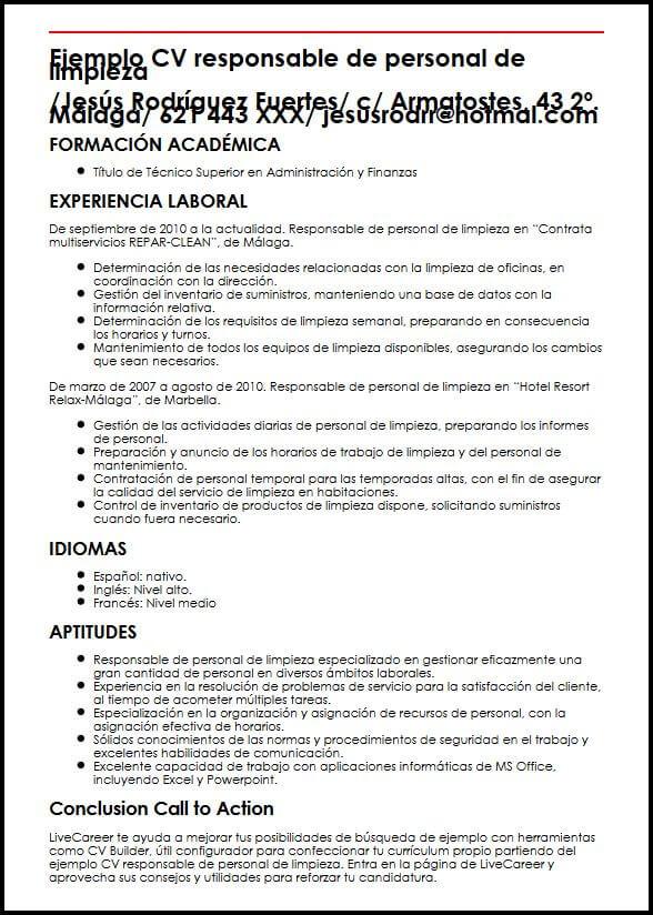 Modelo CV Responsable de Personal de Limpieza - MiCVideal.es