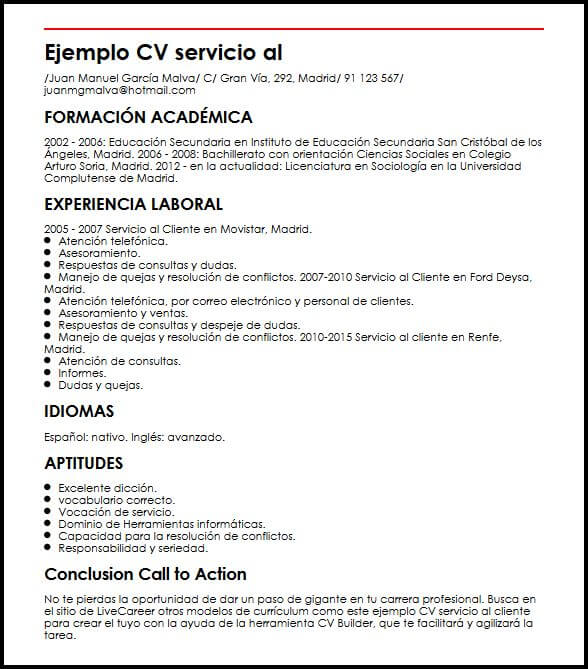 Ejemplo Cv Servicio Al Cliente Micvideal