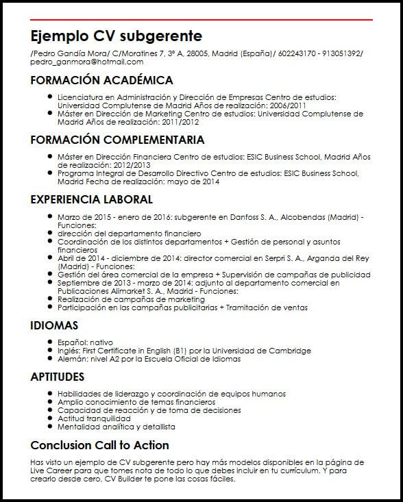 Ejemplo CV Subgerente  MiCVideal