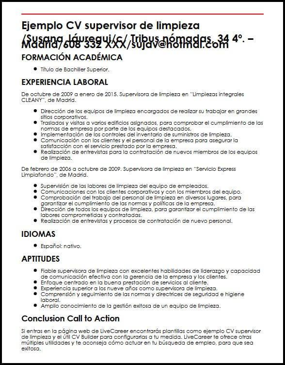 Ejemplo CV Supervisor De Limpieza  MiCVideal