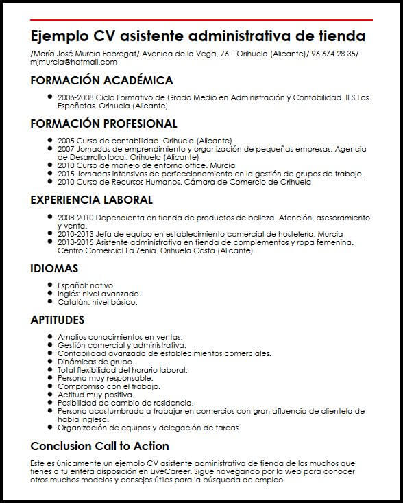 Ejemplo CV Asistente Administrativa De Tienda MiCVideal