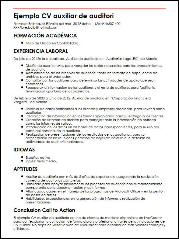 Ejemplo CV Auxiliar De Auditoria MiCVideal
