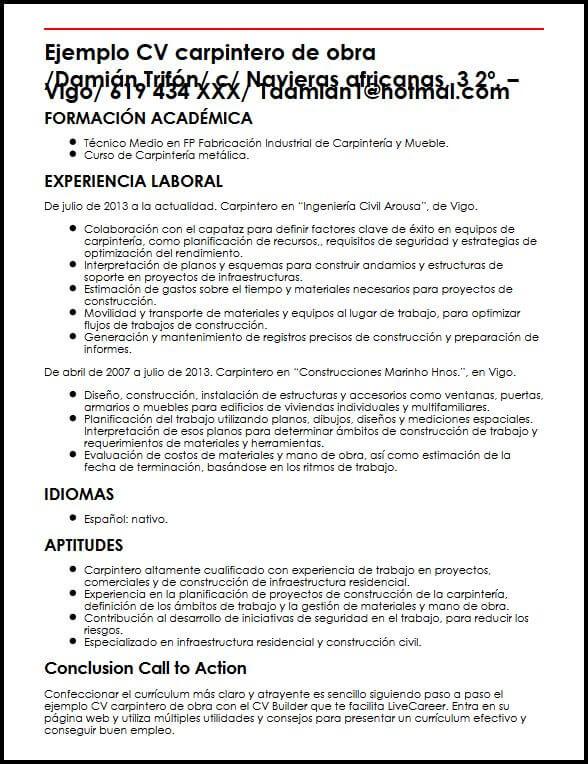 Ejemplo CV Carpintero De Obra  MiCVideal