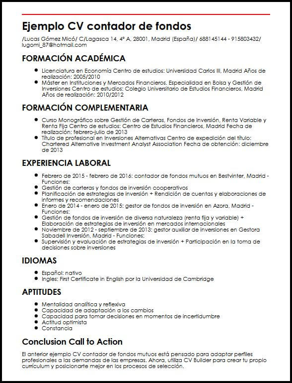 Ejemplo CV Contador De Fondos Mutuos  MiCVideal