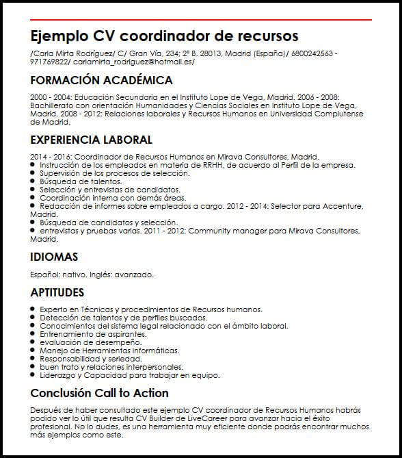 Ejemplo CV Coordinador De Recursos Humanos MiCVideal
