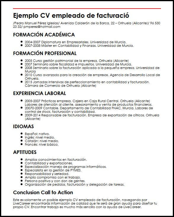 Ejemplo CV Empleado De Facturacion MiCVideal