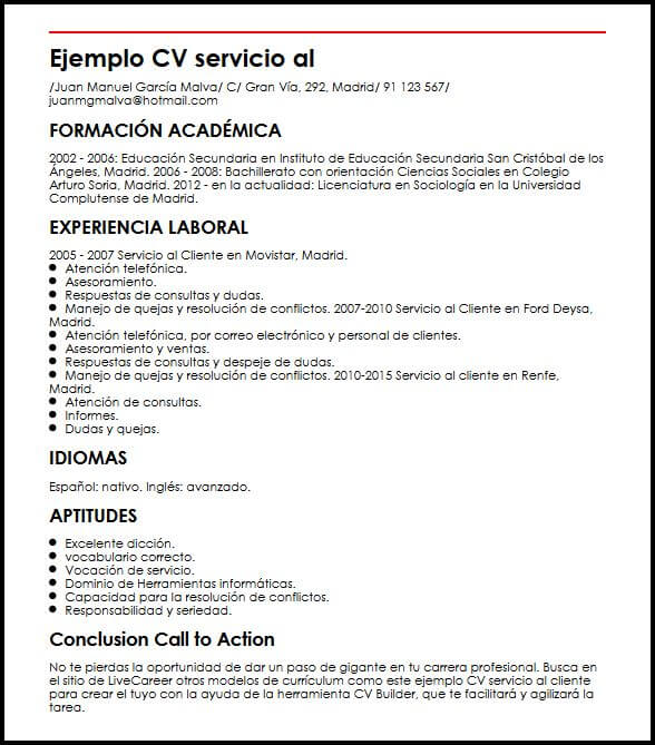 Ejemplo CV Servicio Al Cliente  MiCVideal